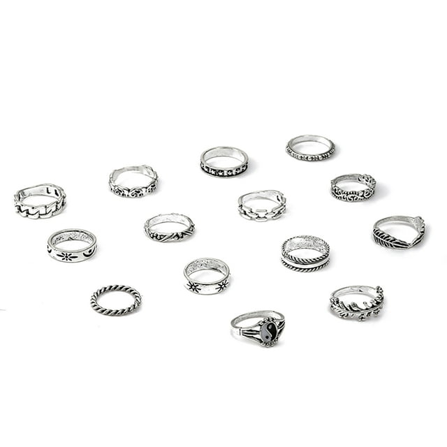 Graflsoa Ensemble de Bagues Vintage Géométriques Éléphant - 14 Pcs Bagues en Alliage Argent Rétro pour Déclaration de Mode Tendance