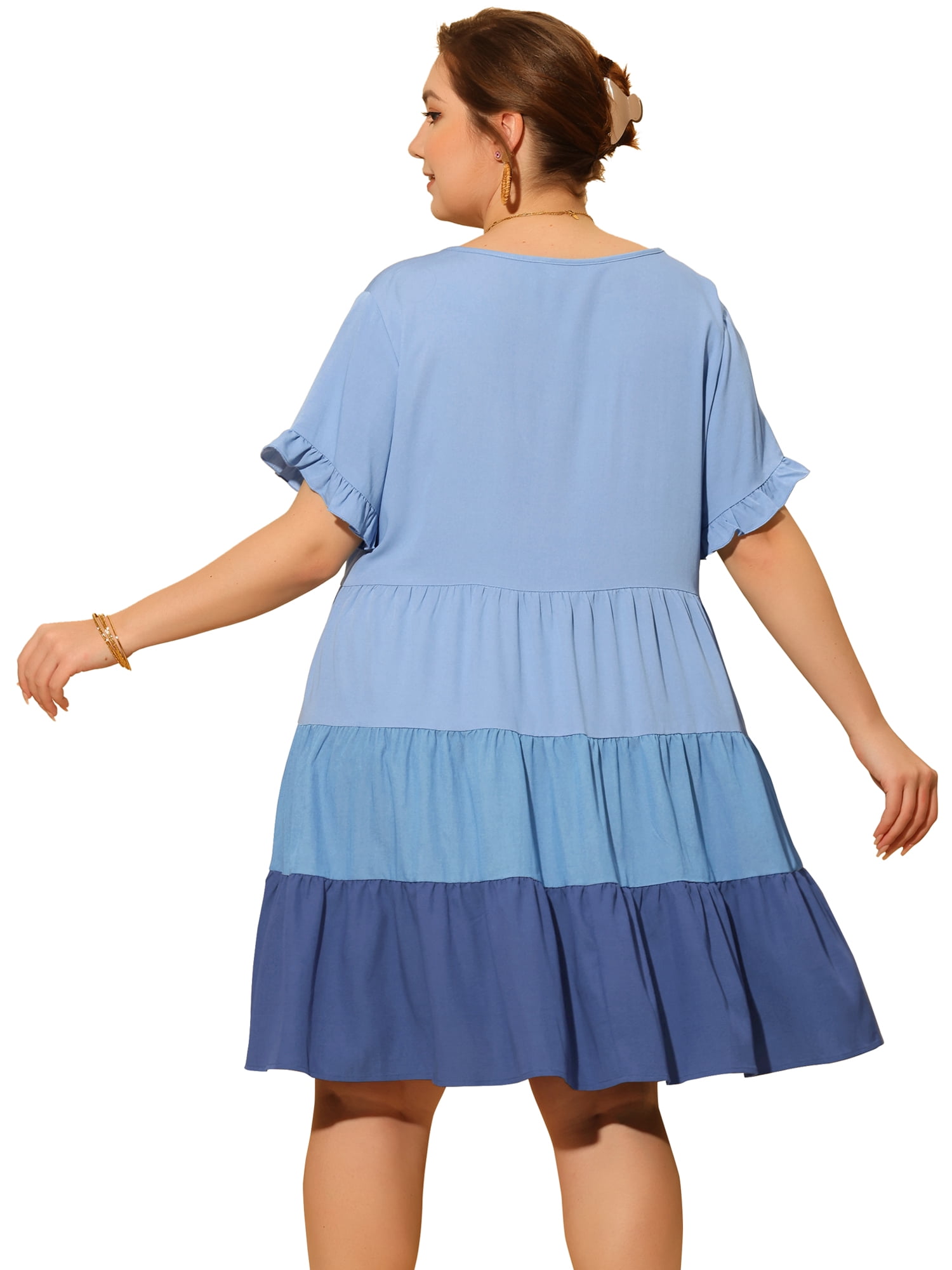 DARING DIVA Babydoll Ruffle Flowy Swing Hem Chambray Mini Dress 2X Blue
