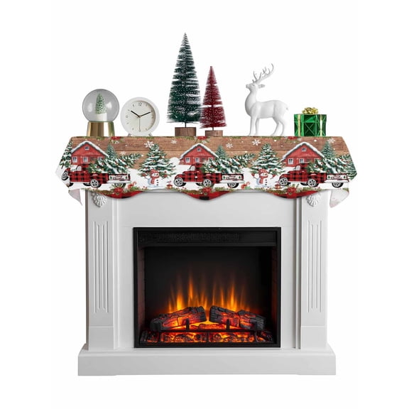 Red Plaid Christmas Mantel Scarf Fireplace Decorations for Living Room, Snowman Truck Xmas Tree Snowflake Wooden Fireplace Mantel Scarf Cover Runner for Thanksgiving/Christmas Decor 70"x17"