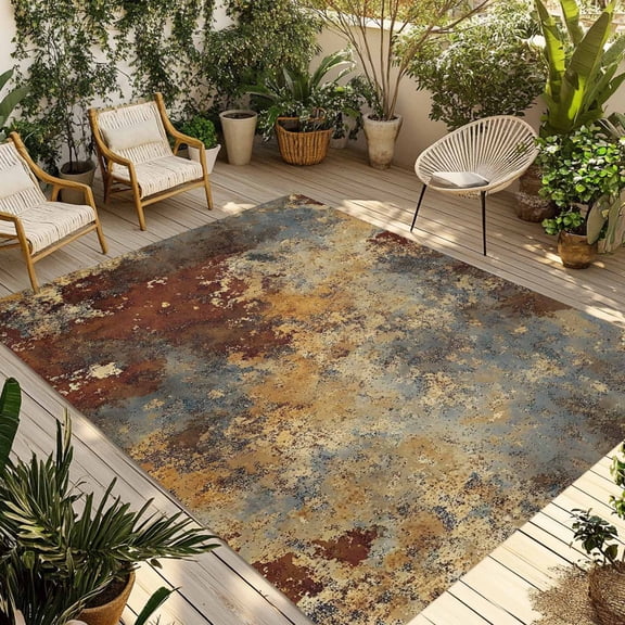 Brown Gray Outdoor Rug 6x9 Ft - Reversible Patio Rug Outdoor Camping Rugs, Rustic Abstract Gradient Mottled Texture Washable Indoor Outdoor Area Rugs, Non-Slip Outdoor Carpet Runner for Deck/Porch