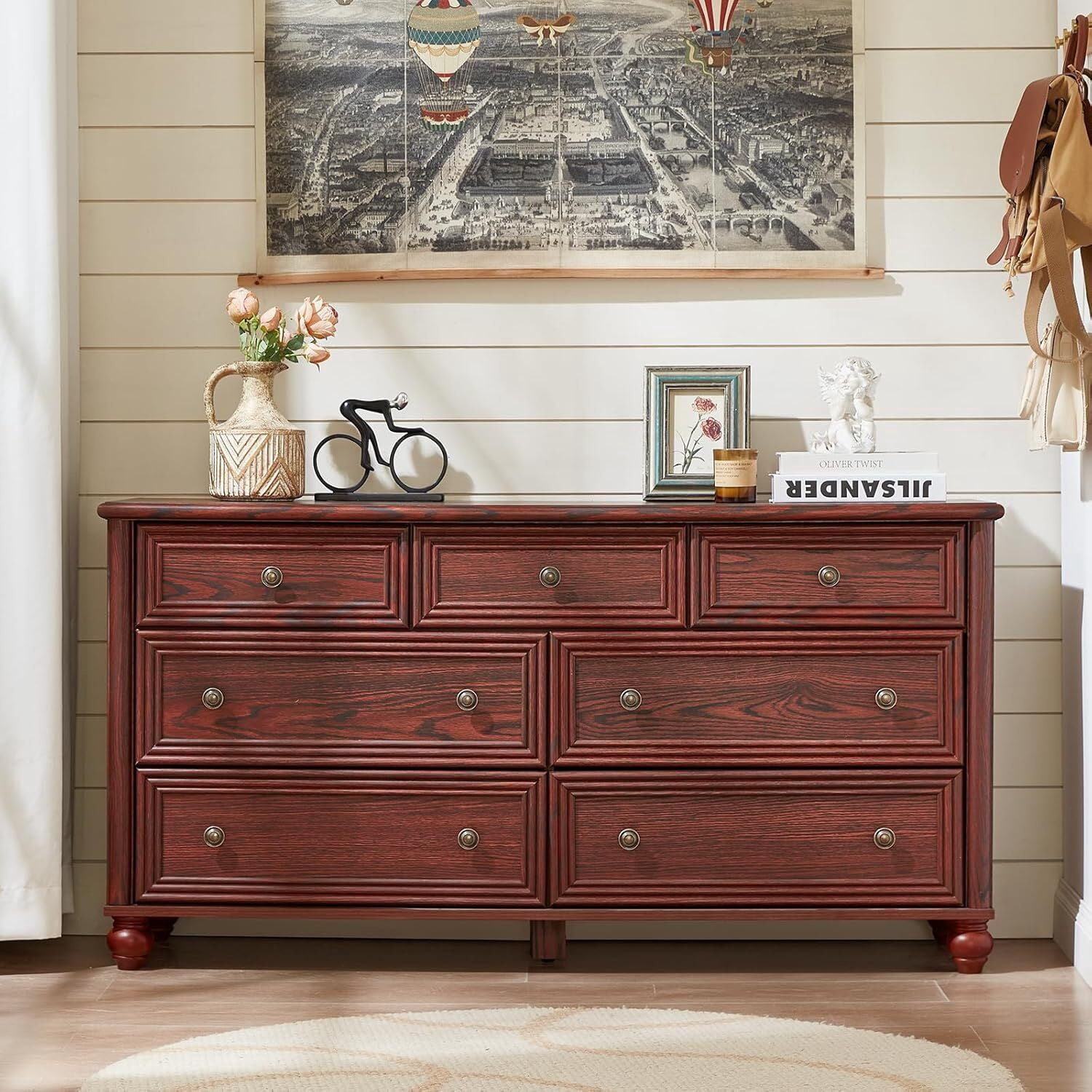 7 Drawers Dresser for Bedroom, Farmhouse 54" Wood Dressers Chest of Drawers, Vintage Design TV Stand, Rustic Storage Dresser Closet for Living Room, Red Oak