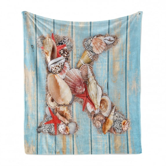 Letter K Soft Flannel Fleece Throw Blanket, Letter K Invertebrates Seashells Starfishes Summer Inspired Print, Cozy Plush for Indoor and Outdoor Use, 60" x 80", Dark Coral Pale Blue, by Ambesonne