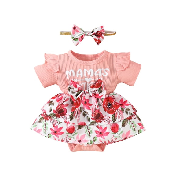 LNMQLPDBS Toddler Girl Clothes Sets Letters Printed Ribbed Ruffle Trim Short Sleeve Onesies & Floral Printed Skirt with Bow & Headband 3pcs Sets 0-3 Months Baby Girl Clothes Red2 9-12 Months