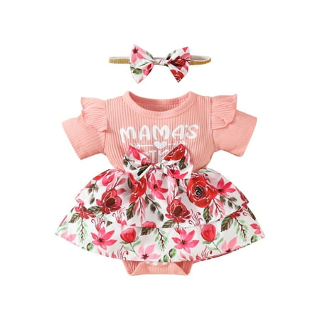 

BAYAIXZ Girls Clothes 3T Children‘S Letters Print Short Sleeved Striped Double Skirt Triangle Dress with Hair Accessories 2Pc 2-3T Girls Clothes (Red2 9M)