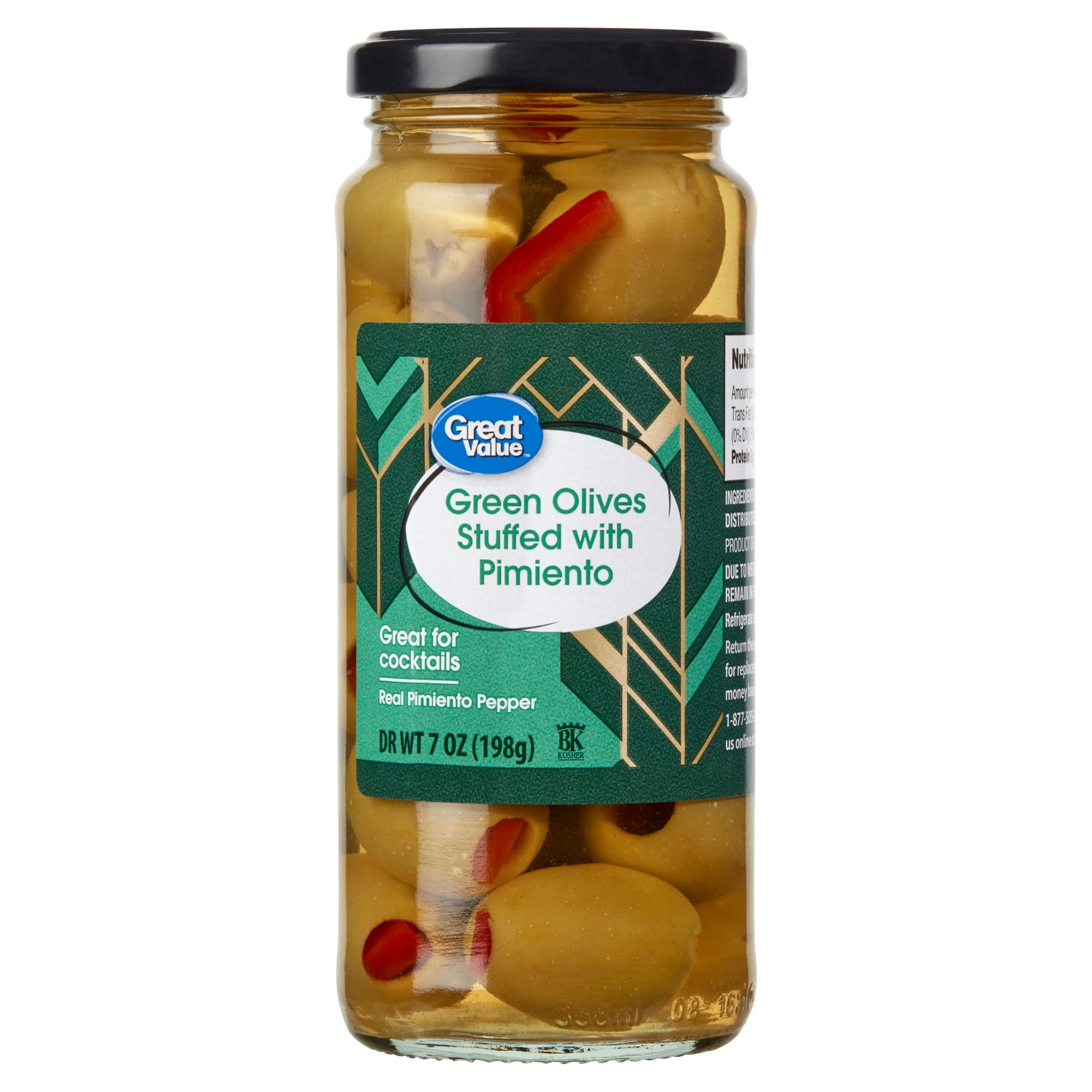 Great Value Green Olives Stuffed with Pimiento, 7 oz Glass Jar