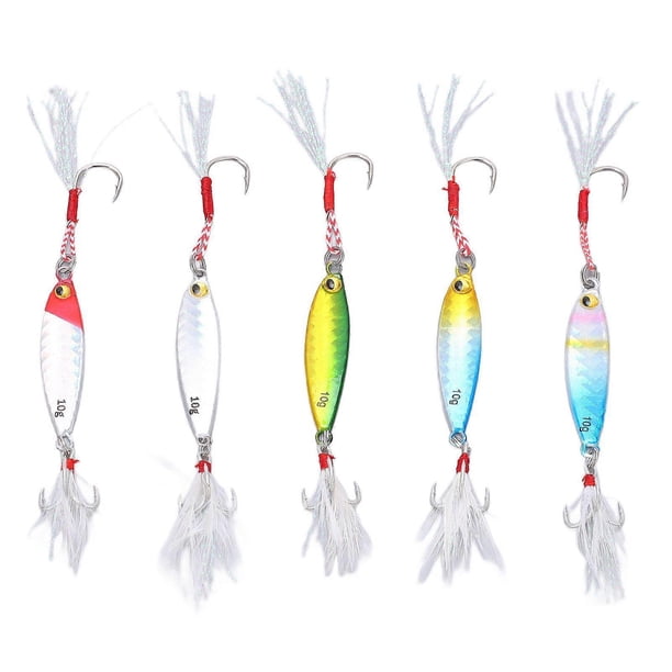 5Pcs 10g Jig Fishing Lure Metal Jig Baits Artificial Lure with Feather Hooks Fishing Tackles for Bass