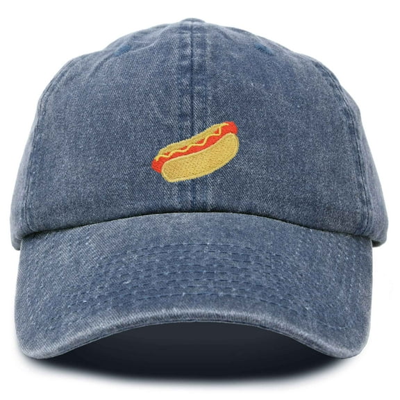DALIX Hot Dog Hat Embroidered Mens Womens Baseball Cap in Washed Navy Blue