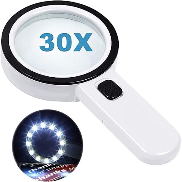 Lupa de lectura con 13 luces LED y lente de doble cristal con aumento de 30x. Para leer fácilmente monedas, sellos y tarjetas.