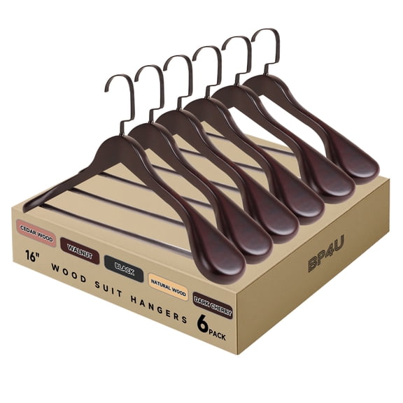 BP4U 6-Pack Premium Wide Shoulder Wooden Suit Hangers, 16-Inch Heavy-Duty Solid Wood Coat Hangers for Women's Suits & Coats(Dark Cherry)