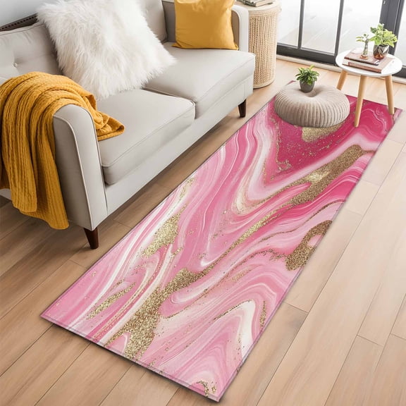 2'x6' Rug Runners for Hallways Kitchen, Marble Pink Non Slip Entryway Beside Floor Carpet Runner, Abstract Artwork Luxury Golden Modern Washable Laundry Room Bedroom Throw Rugs Mat for Family Pet