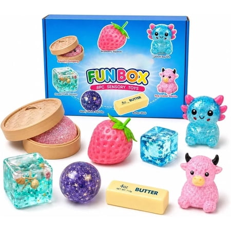 8 PCS Squish Fun Box Toys Set Slow-Rising Stress Relief Fidget Toys Sensory Squishies Bundle with 8 Unique Style Creative Blind Box Party Gift for Kidult Women Men
