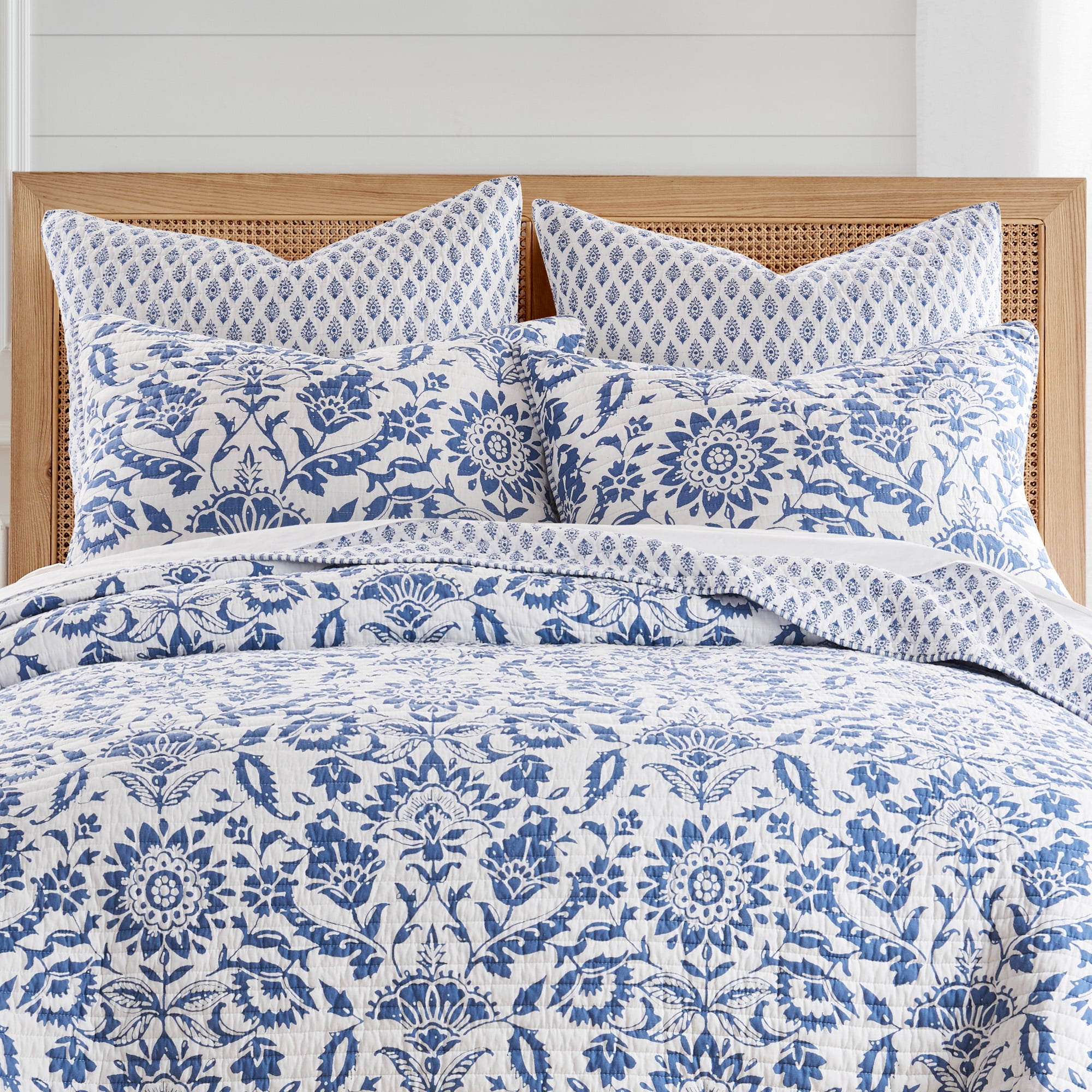 Levtex Home, King Quilt, Blue, White Floral Reversible Cotton
