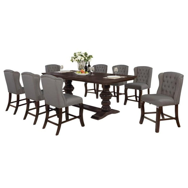 Cappuccino Bois contre-Hauteur 9pc Salle à Manger avec Table Extensible + Chaises Grises