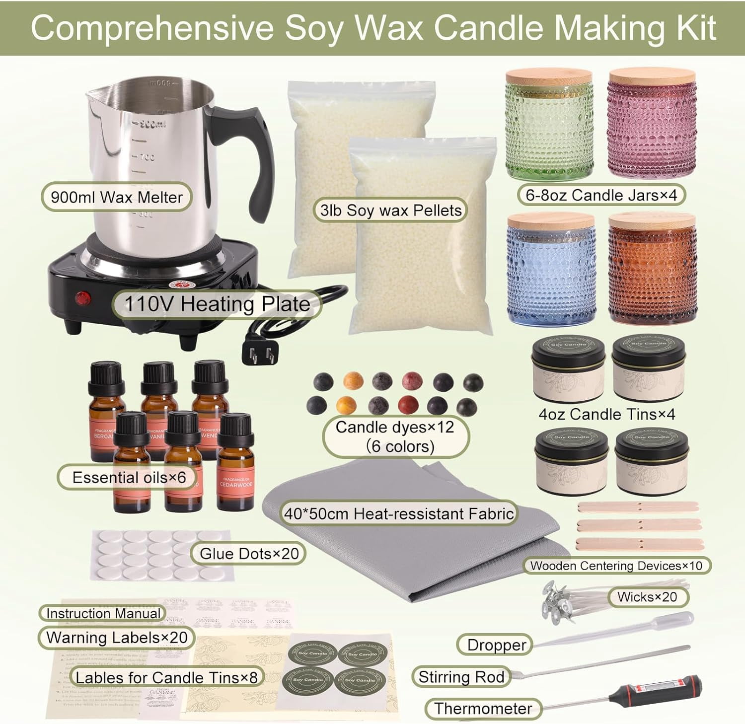 Soy Candle Making Kit with Wax Melter for Adults- Natural Supplies 4 Jars& Tins Melting Pot and More Colored Scented DIY Christmas Gift Set