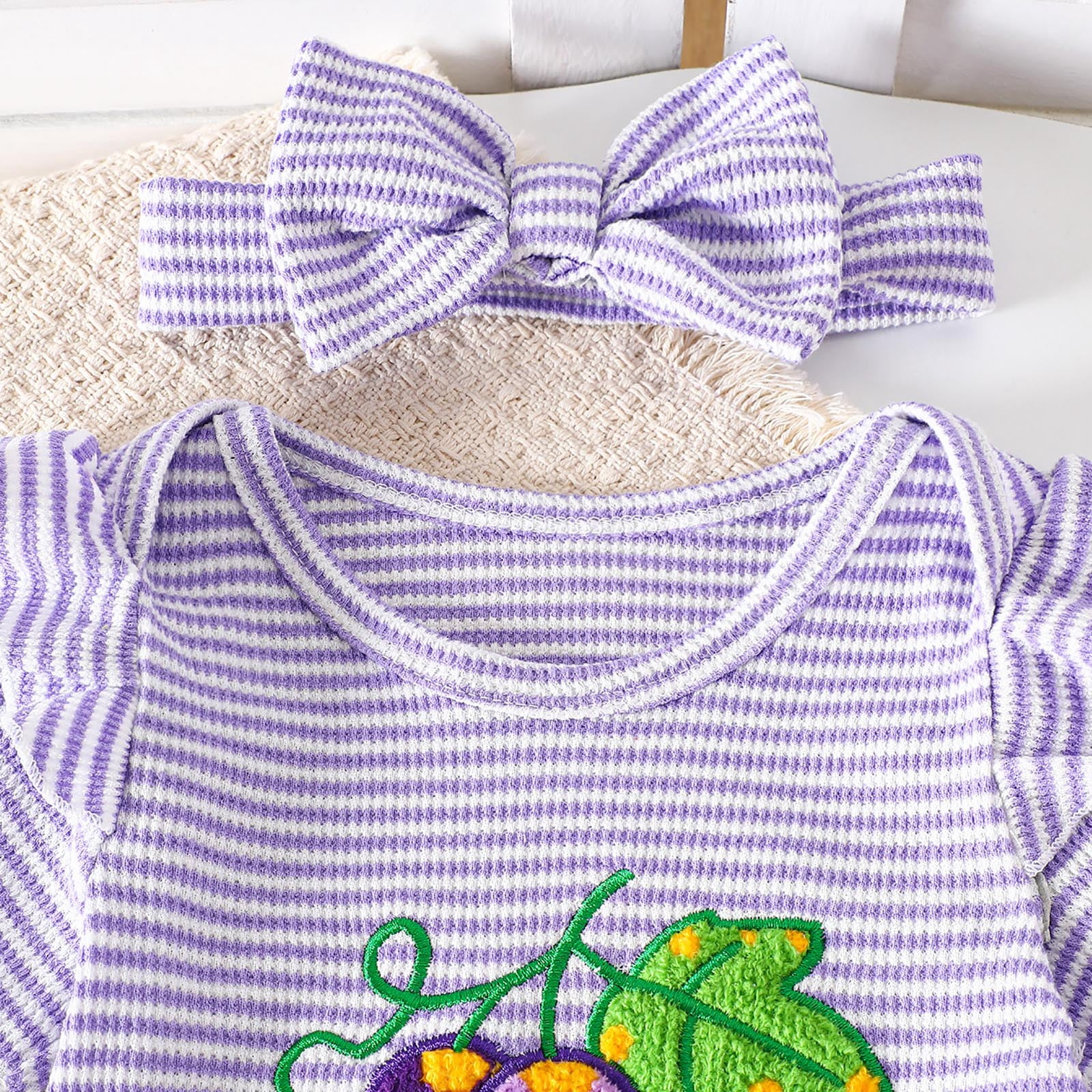 Faraee Summer Baby Girl Clothes Ruffle Short Sleeve Tops Romper Bell Bottom Flare Pants Set Infant Newborn Stripeds Cute Outfit 0 3 6 12 18 24 Months Purple