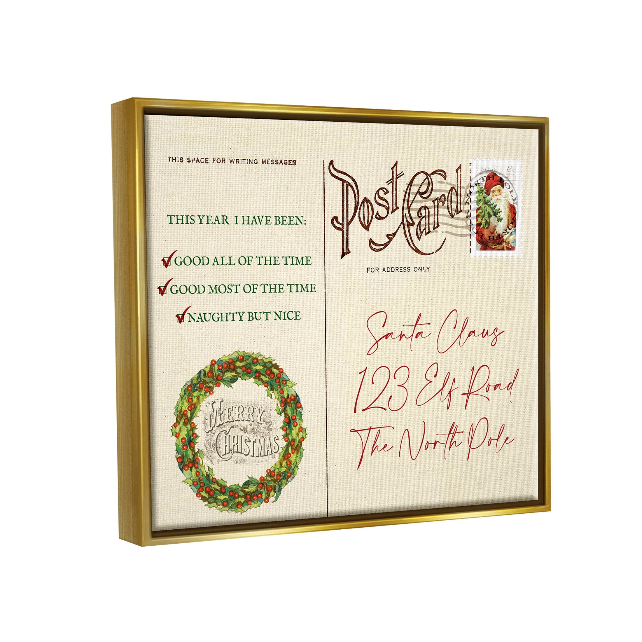 Stupell Industries Merry Christmas Vintage Postcard Graphic Art Metallic Gold Floating Framed Canvas Print Wall Art, Design by Lil' Rue
