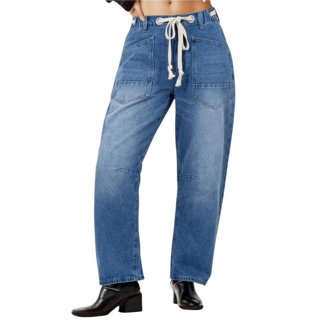 Pantalones vaqueros de pierna ancha for mujer, cintura alta, elásticos, pierna recta, holgados, con cordón