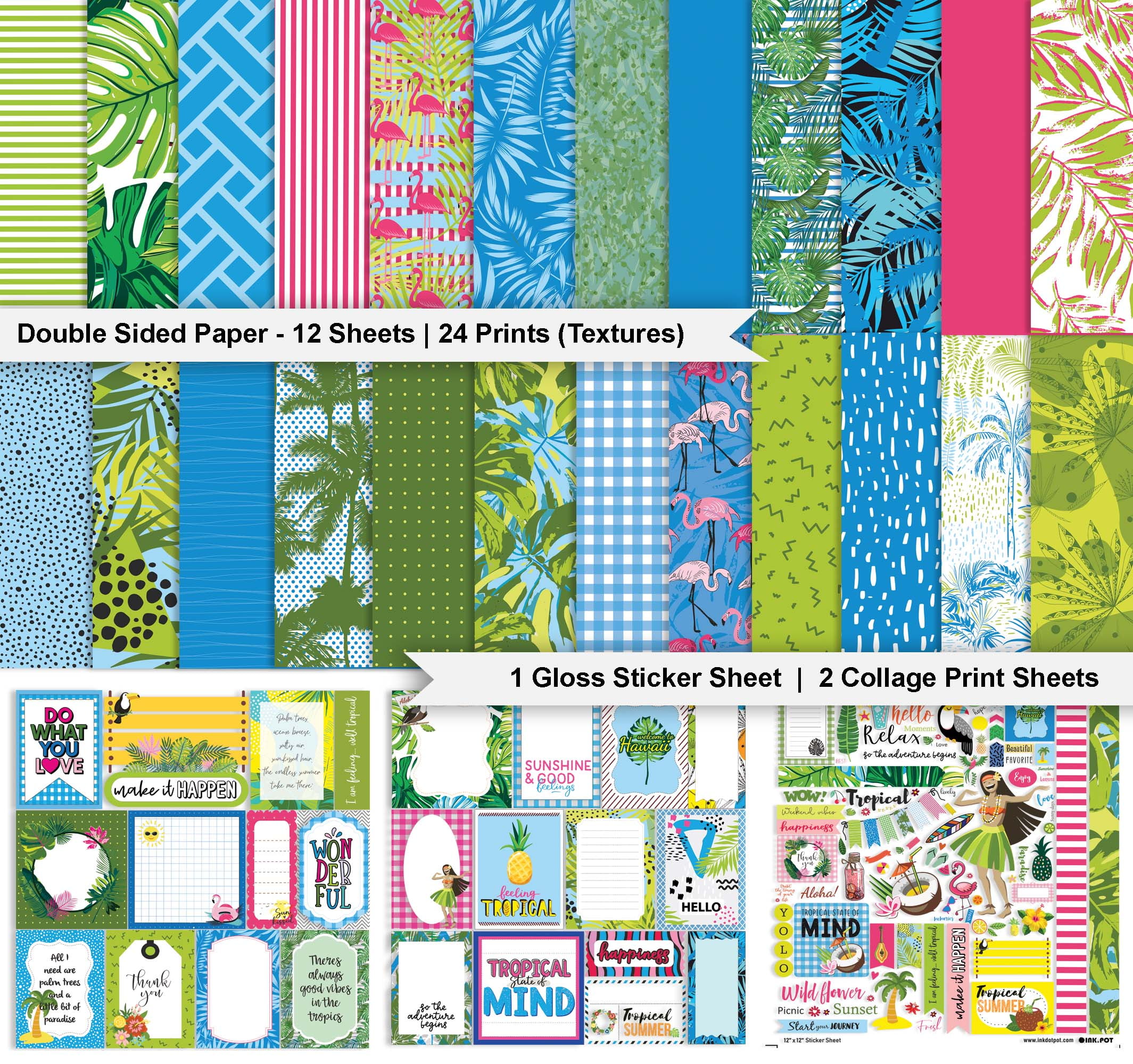 Inkdotpot Tropical Paradise Collection Double-Sided Scrapbook Paper Kit Cardstock 12"x12" Card Making Paper Pack With Sticker Sheet - 16 Pages - Blue & green