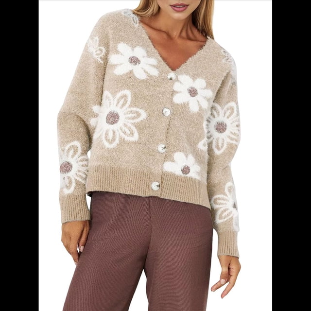 Cárdigan de Punto con Estampado Floral y Botones para Mujer, Cuello en V y Hombros Caídos Albaricoque XXL
