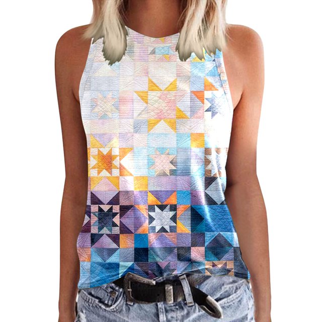 Verano Tops Camiseta sin mangas con estampado de cuello redondo informal para mujer, camisetas básicas de ajuste holgado informal de verano, blusa de playa (Light Blue, XXL)