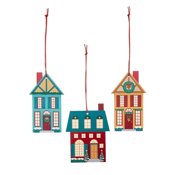 4" Christmas Village House Multicolor Wood Ornaments – 12 Pieces