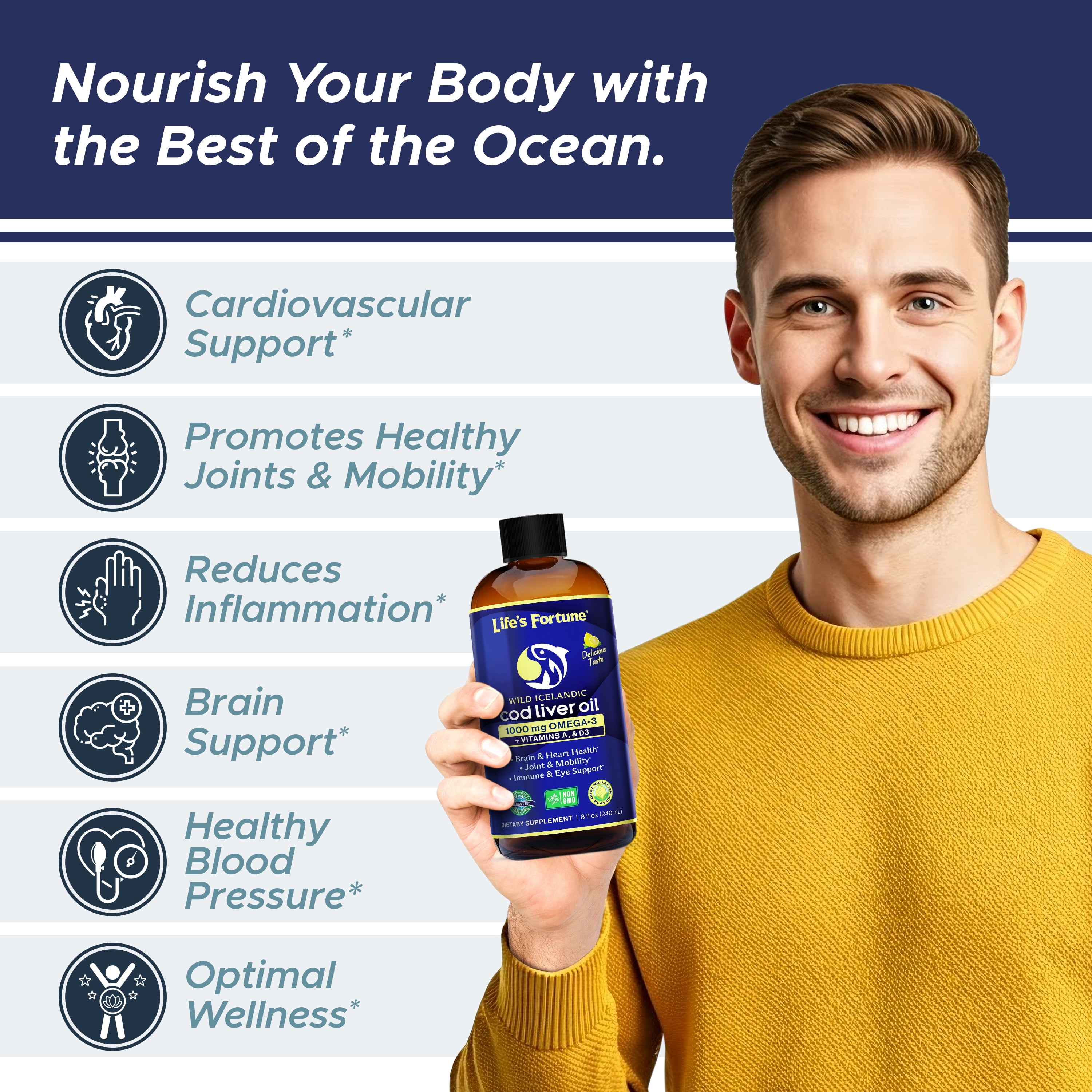 Life's Fortune Cod Liver Oil Liquid Organic Lemon Flavor, Fish Oil Supplement, 8 oz, 1000 mg