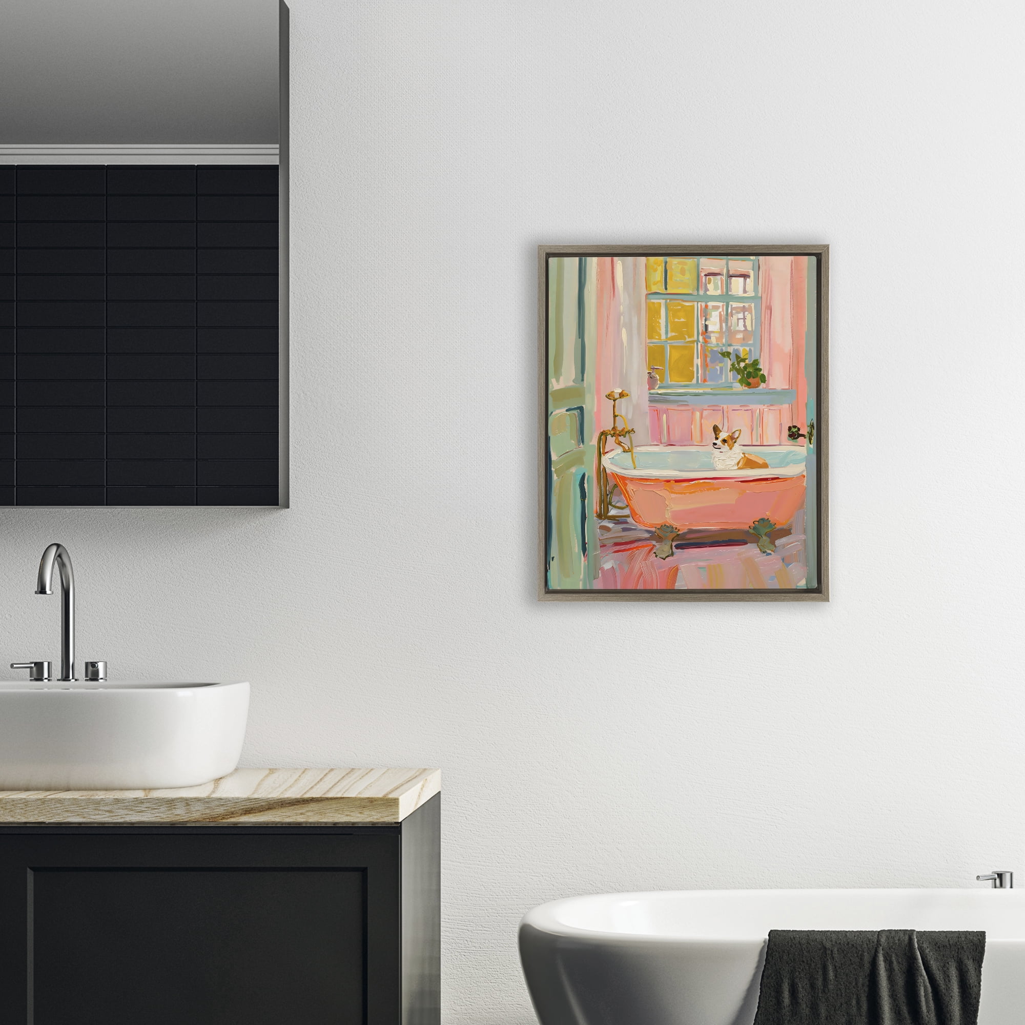 Stupell Industries Corgi in Bathtub Brown Framed Floater Canvas Wall Art, design by The Prints Vibe