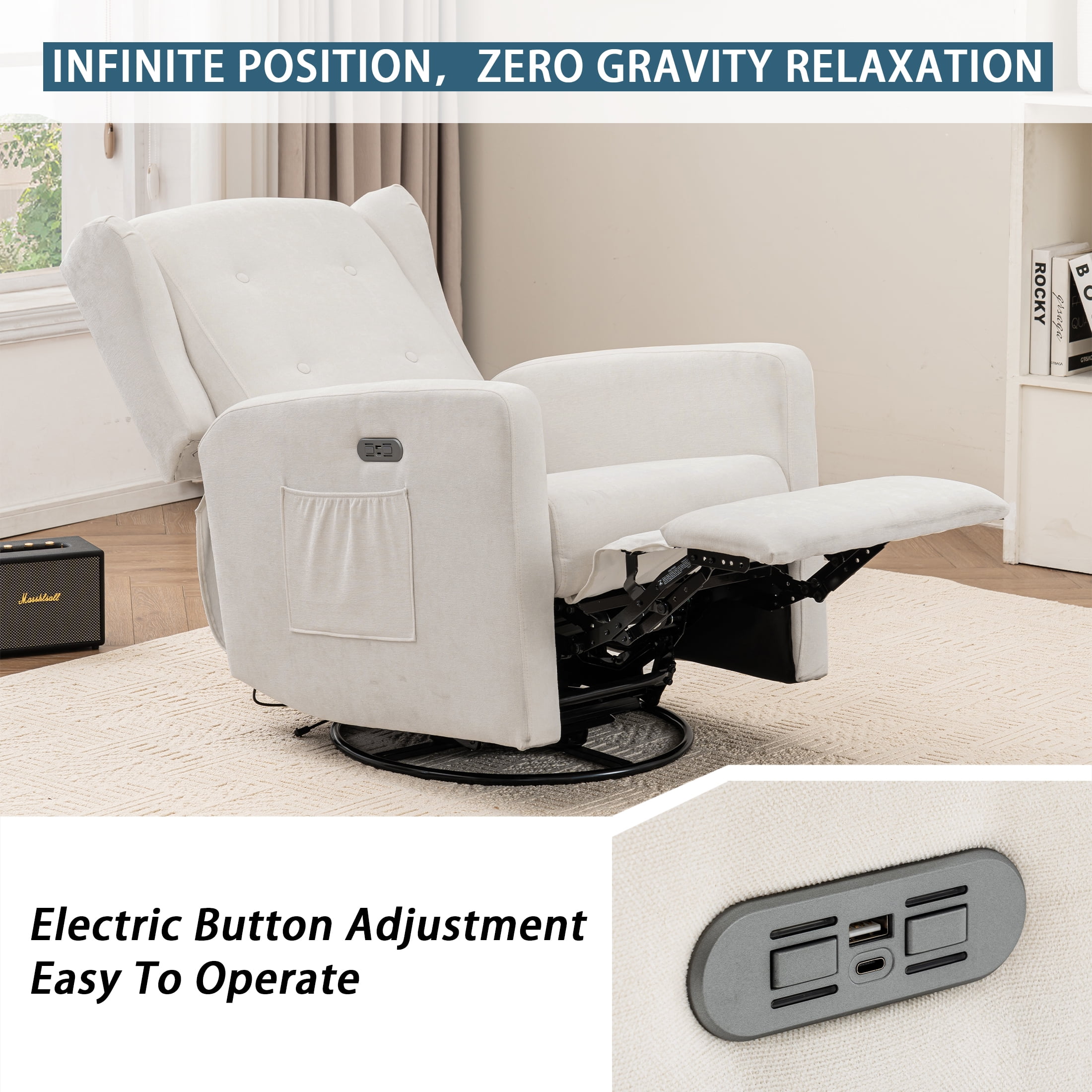 Power Swivel Rocking Recliner Chair, Electric Rocker Nursery Glider Chair, USB and Type-C Ports, Upholstered Fabric Reclining Single Sofa Chair for Living Room (Beige)