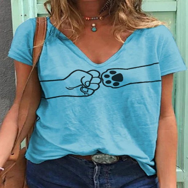Pntutb moda mujer Casual cuello pico verano tops sueltos estampado camisetas manga corta Pntutb Pntutb-6896