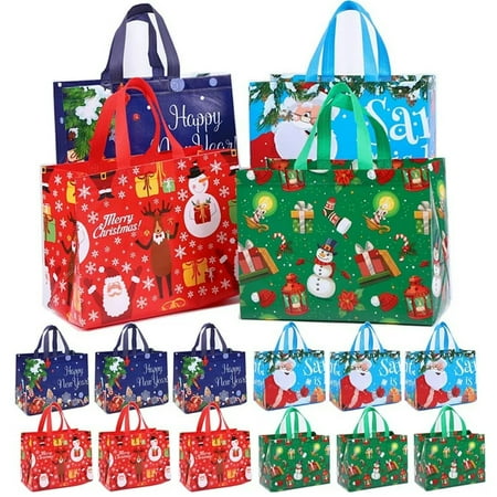 Husfou 12 Pack Christmas Gift Bags Large Christmas Tote Bags with Handles, Reusable Gift Bag Non-Woven Christmas Bags for Gifts Wrapping Grocery Shopping, Xmas Party Supplies