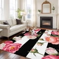 thumbnail image 3 of Pink Peony Washable Living Room Rugs 5'x8', Flowers Black And White Stripes Low Pile Throw Large Area Rug Non-Slip Sturdy Edge Binding Carpet for Living Room Kitchen Office, 3 of 9