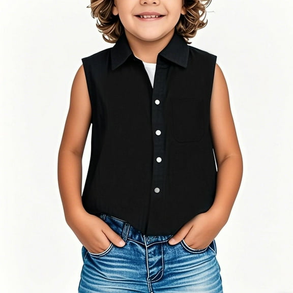 Mwjwdo Sleeveless Blouses for Children Summer Casual Button Down Shirts Boys and Girls V Neck Business Casual Collared Blouses Tank Tops Black 11 Years