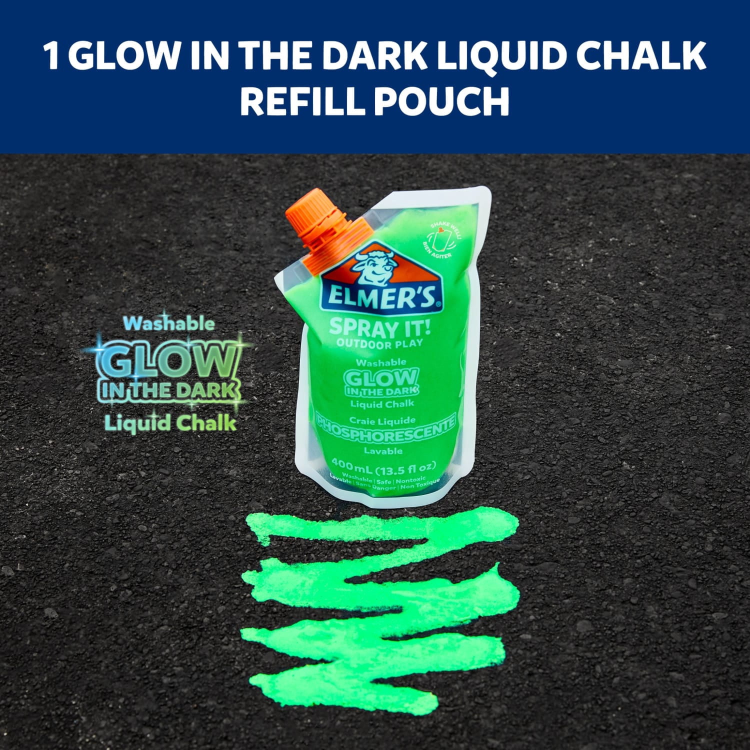 Elmer's Spray It! Outdoor Play Washable Liquid Chalk Refill Pouch, Glow in the Dark, Green, 1 Count