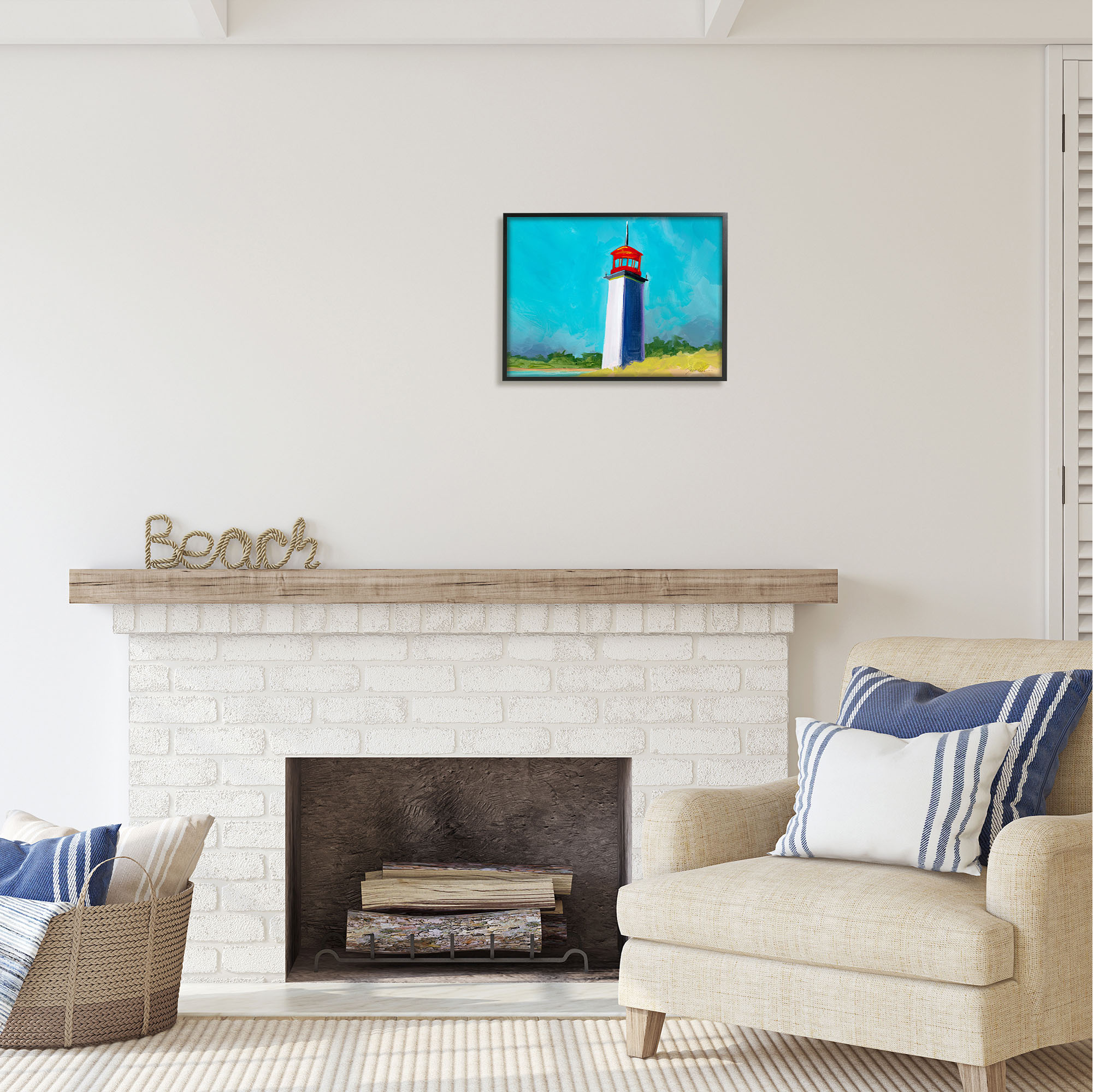 Stupell Industries Vivid Blue Lighthouse Nature Painting Black Framed Art Print Wall Art, 20 x 16