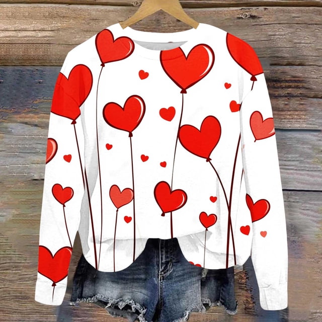 Jsaierl Chandails en Molleton pour Femmes Saint-Valentin Mignons Imprimé Cœur Chandails en Molleton Tendance Chandail Col Rond Décontracté Manches Longues pour Femmes