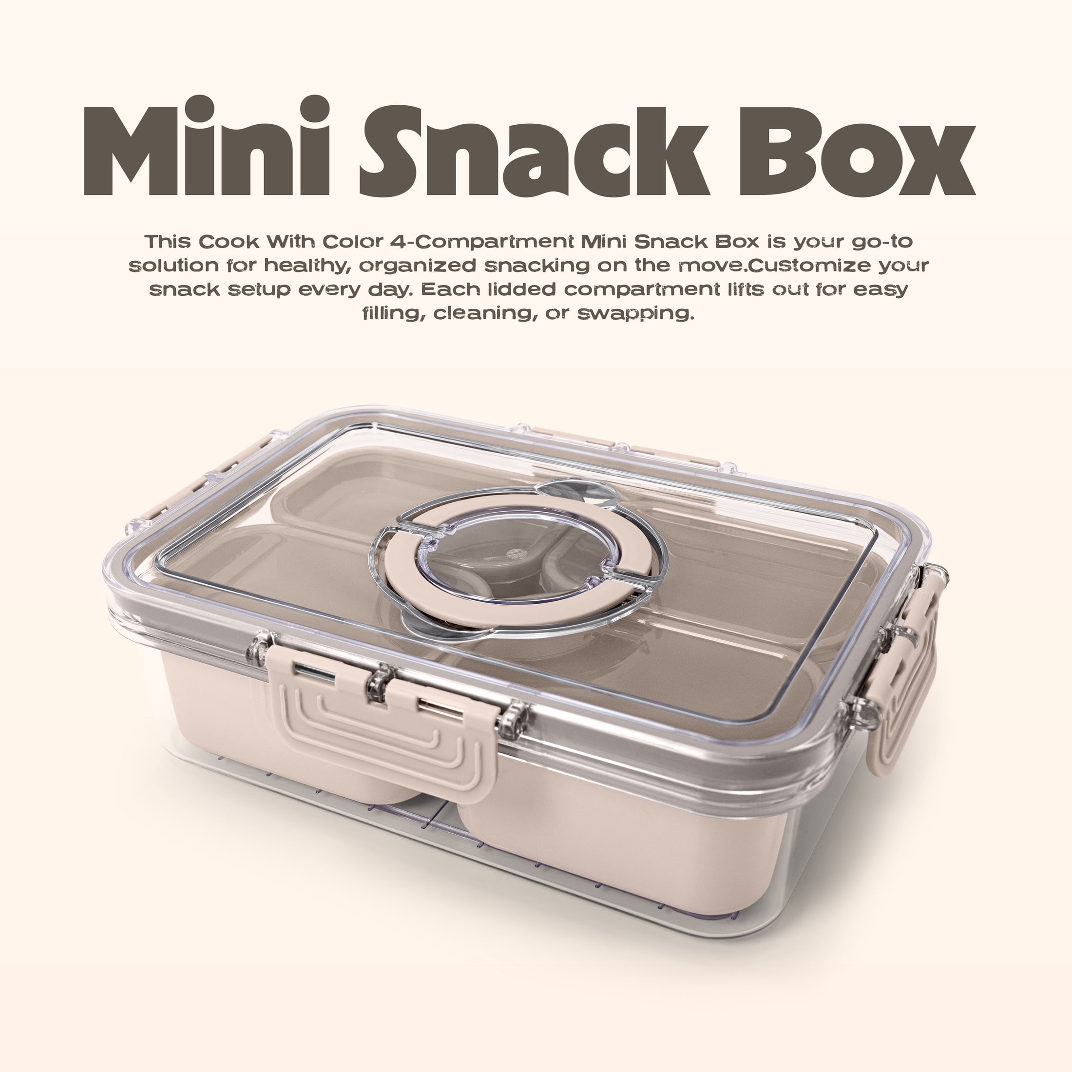 Cook with Color 4-Compartment Mini Snack Box Food Storage Carrier, Charcuterie Container with Ice Pack, Portable and Dishwasher Safe, Taupe