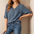 thumbnail image 5 of Zynoxe Womens Casual Cotton Linen Tops for Daily Wear Solid Color Button V-neck Short Sleeve Tops Peasant Gauze Loose Versatile Plus Size Tops Blue XXL, 5 of 8