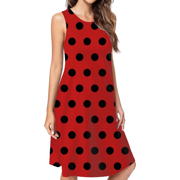 Black Polka Dots On Red Background Dress Loose Women'S Dress Beach Dresses With Pockets Dresses For Womens