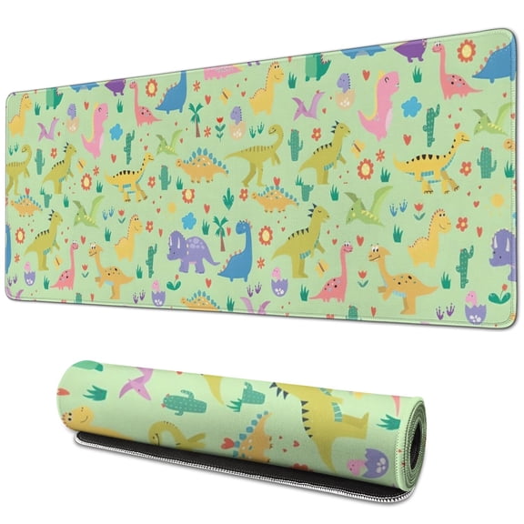 Long Mouse Pads for Desk,Green Dinosaurs Cacti Pattern Desk Mats on Top Of Desks, Desk Mouse Pad Extra Large with 3mm Non-Slip Base and Stitched Edge for Gaming,Office,Work,Home 31.5"x11.8"