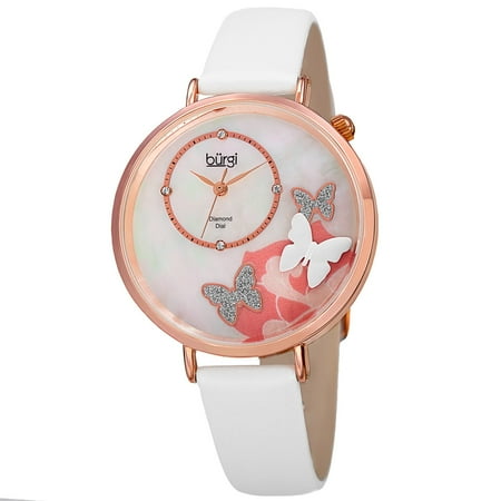 - Women's Quartz Diamond Leather White Strap Watch with FREE Bangle