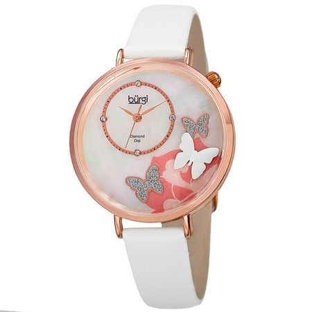 - Women's Quartz Diamond Leather White Strap Watch with FREE Bangle