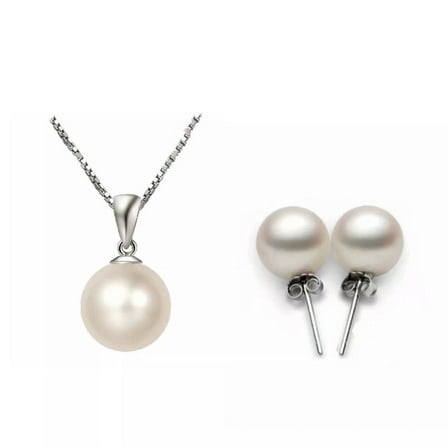 GKNET Women 925 Sterling Silver 10mm Pearl Stud Earrings Pendant Necklace Delicate Jewelry Sets