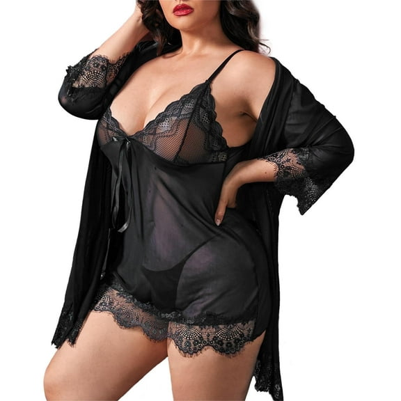 Plus Size Sexy Lingerie, CaiDieNu Lingerie for Women, 3-Piece Women Lingerie Sexy Lace Nightgowns with Robe & Thong - Black
