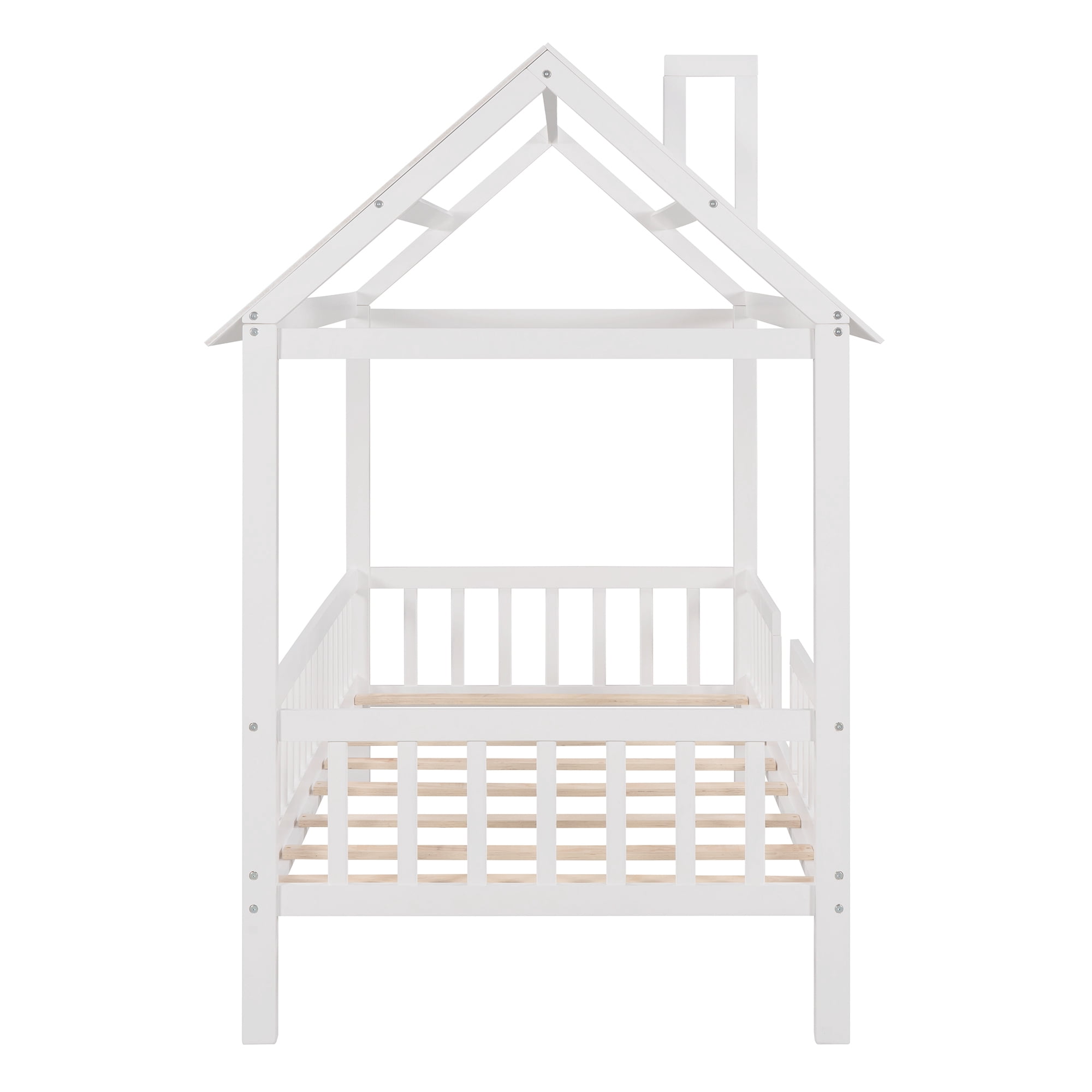 Euroco Twin Size Platform Bed, House Bed with Fence for Kids, White