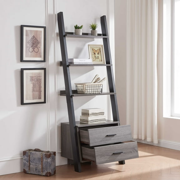 GOMYHOME Two-Drawer Ladder Bookcase, Distressed Grey & Black Two-Tone Finish