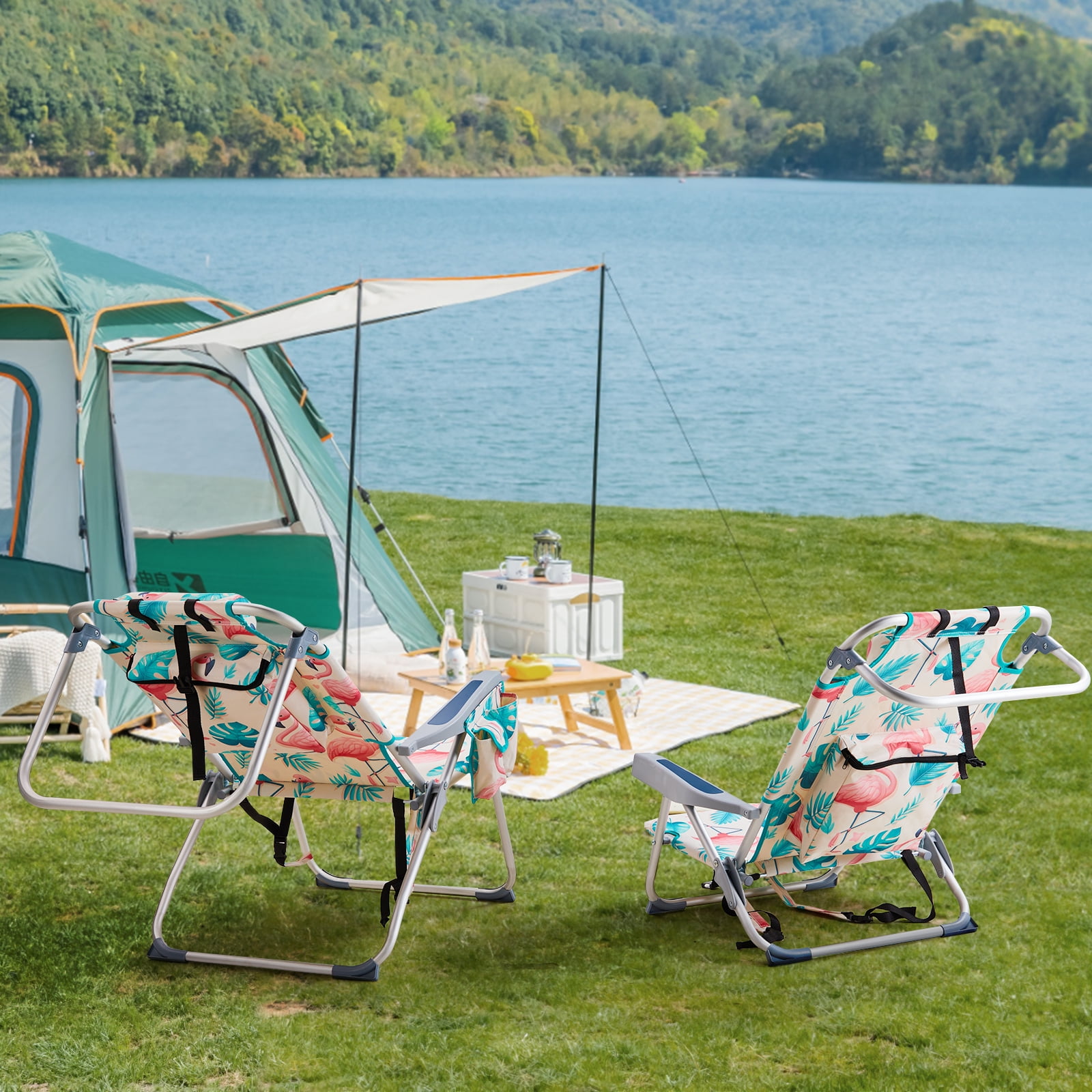 Beach Chair, Short Oxford Cloth Silver White Aluminum Tube Bearing Flamingo 63*65*82cm