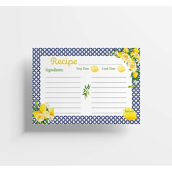 Recipe Cards, 4x6 Inches, 50 Fill-in-the-Blank Cards for Recipe Box (Mediterranean Lemon)