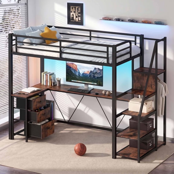 Miniyam Twin Loft Bed with L-Shaped Desk and Reversible Stairs, 3 Fabric Drawers, LED Light and Storage, Black