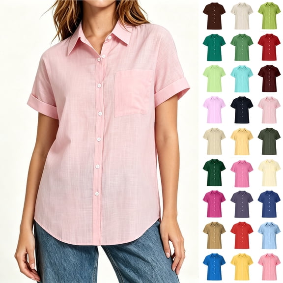 Women’s Short Sleeve Button Down Shirt, Women Cotton Linen Casual Lightweight Front Shirt with Pockets, Women's PlusSoft Pink,Size S-5XL