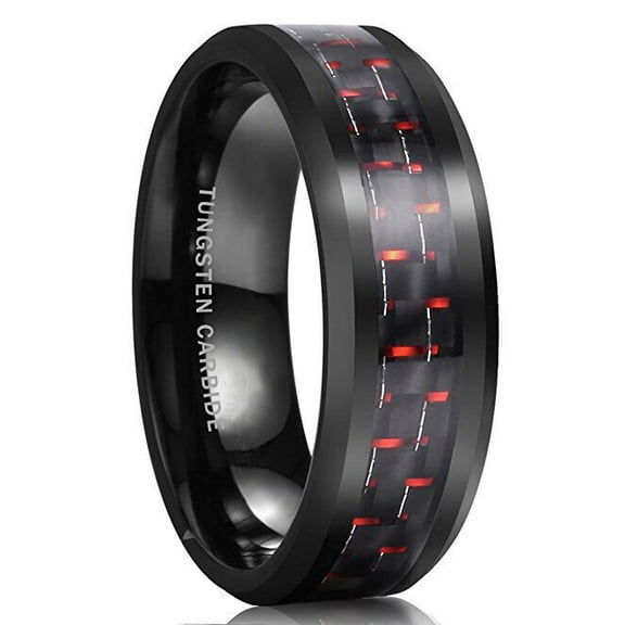 Wedding Rings For Men 8mm Black Tungsten Band Black & Red Dash Carbon Fiber